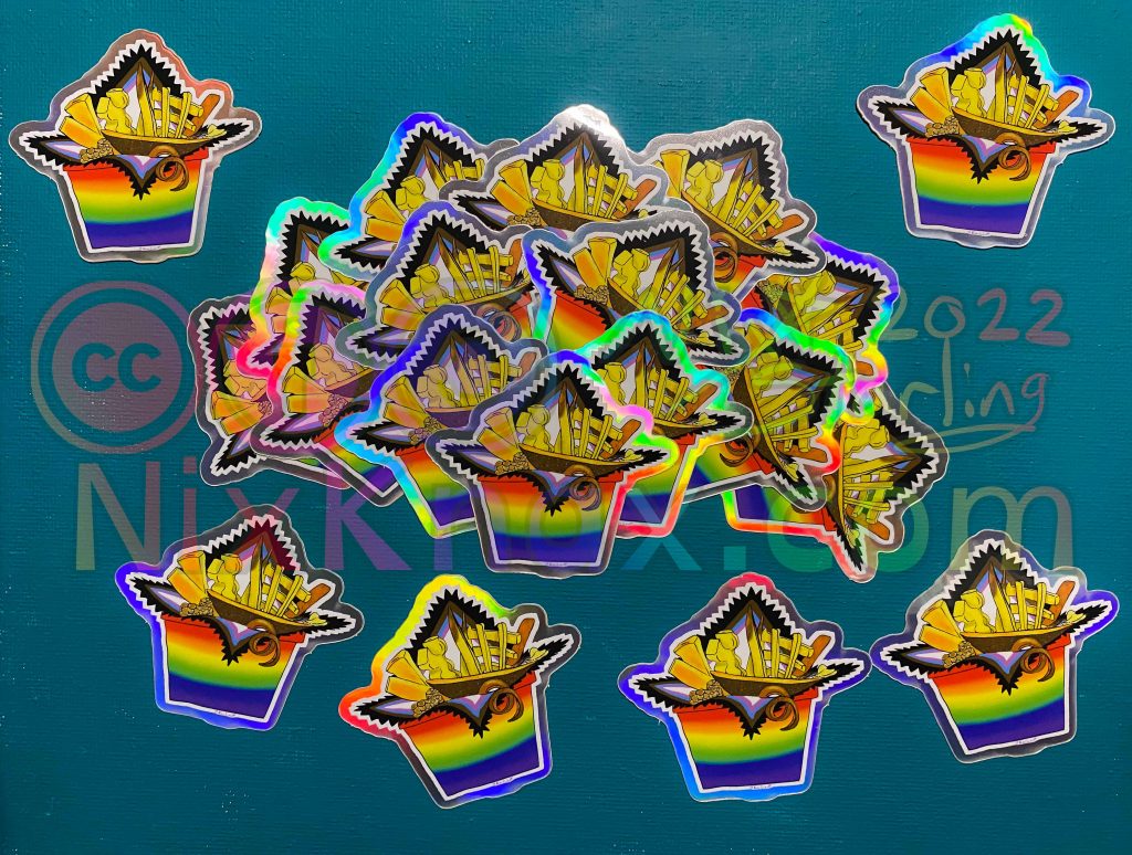 photo of stickers. these are the holographic inclusive pride fries sticker