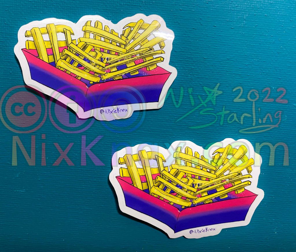photo of stickers. these are the bi- pride fries sticker