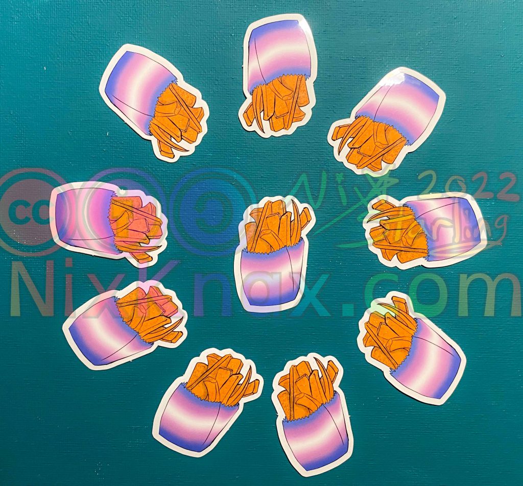 photo of stickers. these are the transgender pride fries sticker