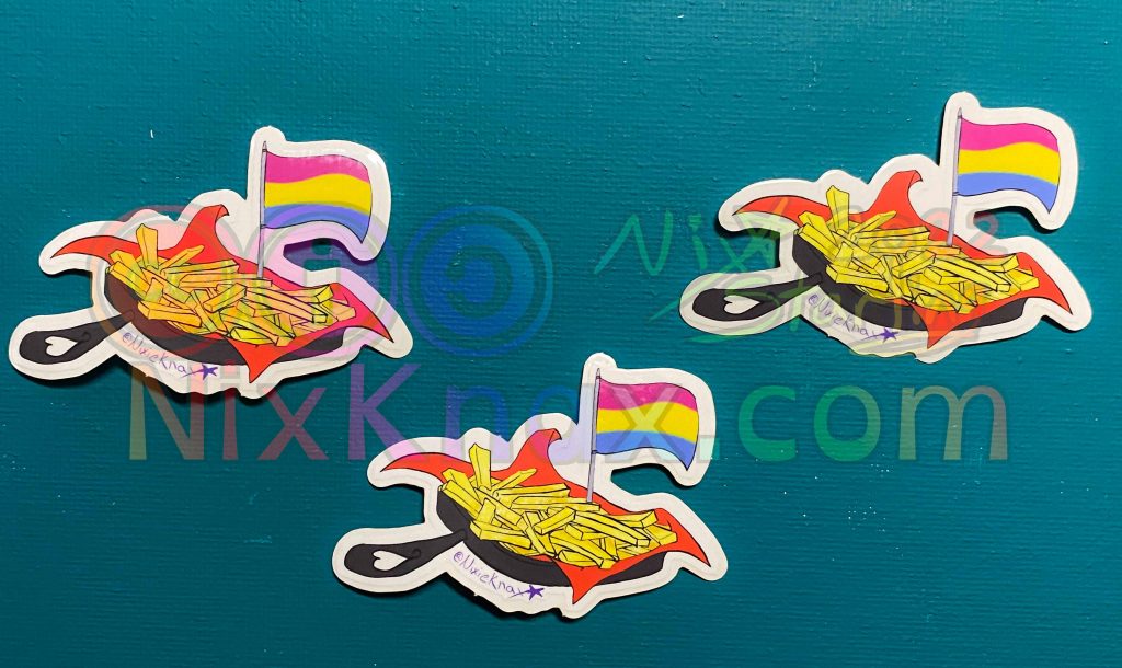 photo of stickers. these are the Pansexual pride fries sticker